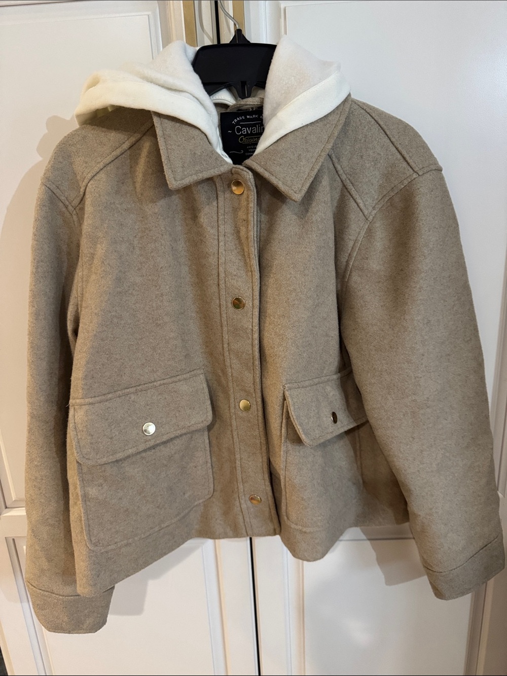 Cavalini Taupe Wool-Blend Pea Coat with Detachable Cream Hood
